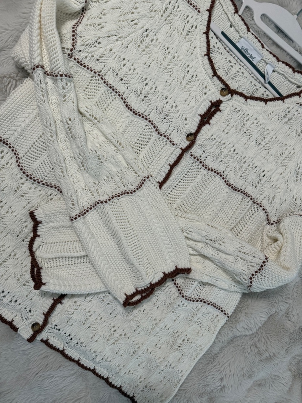 Cream Knit Cardigan with Brown Trim - Women's Cowl & Turtleneck - Picture 3 of 7